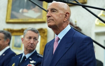 US Ambassador to Turkey Tom Barrack listens during a meeting between President Donald Trump and Turkey’s President Recep Tayyip Erdogan in the Oval Office of the White House, September 25, 2025, in Washington. (AP Photo/Evan Vucci)