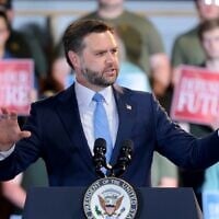 US Vice President JD Vance speaks at CompoTech headquarters, August 24, 2026 in Brewer, Maine. (Anna Moneymaker/Pool Photo via AP)