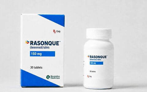 This photo provided by Revolution Medicines on August 26, 2026 shows packaging for the new pancreatic cancer drug, daraxonrasib, under the brand name Rasonque. (Revolution Medicines via AP)