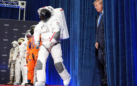 US President Donald Trump arrives at an event to present the Congressional Space Medal of Honor to Artemis II crew members, August 28, 2026, at Johnson Space Center in Houston. (AP Photo/Mark Schiefelbein)