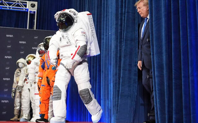 US President Donald Trump arrives at an event to present the Congressional Space Medal of Honor to Artemis II crew members, August 28, 2026, at Johnson Space Center in Houston. (AP Photo/Mark Schiefelbein)