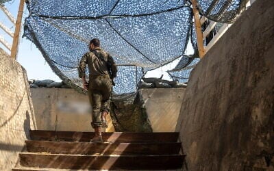 An IDF soldier walks in a fortified army post on the border between Jordan and the West Bank, July 27, 2026. (Emanuel Fabian/Times of Israel) An IDF soldier walks in a fortified army post on the border between Jordan and the West Bank, July 27, 2026. (Emanuel Fabian/Times of Israel)