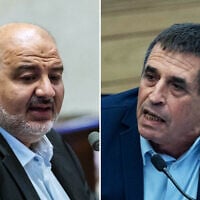 MK Mansour Abbas (left) in the Knesset, July 15, 2026. (Yonatan Sindel/Flash90); MK Yoav Segalovitz (right) speaks at a Knesset Constitution, Law and Justice Committee meeting, June 16, 2026. (Yonatan Sindel/Flash90)