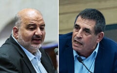 MK Mansour Abbas (left) in the Knesset, July 15, 2026. (Yonatan Sindel/Flash90); MK Yoav Segalovich (right) speaks at a Knesset Constitution, Law and Justice Committee meeting, June 16, 2026. (Yonatan Sindel/Flash90)