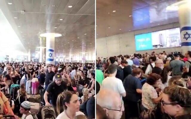 Travelers wait in the departures hall of Ben Gurion Airport during a wildcat strike, August 20, 2026. (Screenshots/Yifat Reuven via X) Travelers wait in the departures hall of Ben Gurion Airport during a wildcat strike, August 20, 2026. (Screenshots/Yifat Reuven via X)