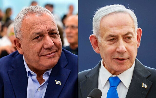 Left to right: Head of the Yashar party Gadi Eisenkott at the Drom HaSharon Regional Council building in central Israel, July 27, 2026. (Avshalom Sassoni/Flash90); Prime Minister Benjamin Netanyahu attends a state ceremony on Mount Herzl, in Jerusalem, August 05, 2026. (Chaim Goldberg/FLASH90)