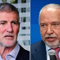 Democrats Party Chairman Yair Golan (left) gives a statement to the media outside the Channel 12 News studios in Tel Aviv, July 28, 2026. (Avshalom Sassoni/Flash90); Yisrael Beiteinu party chairman MK Avigdor Lieberman leads a faction meeting at the Knesset in Jerusalem, on July 13, 2026. (Yonatan Sindel/Flash90)