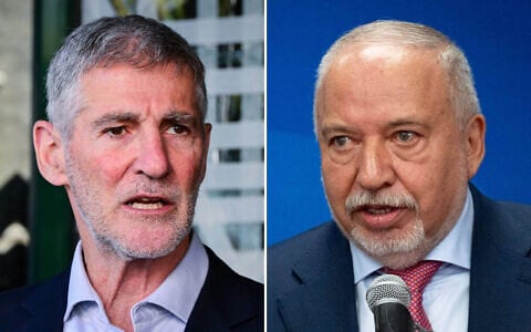 Democrats Party Chairman Yair Golan (left) gives a statement to the media outside the Channel 12 News studios in Tel Aviv, July 28, 2026. (Avshalom Sassoni/Flash90); Yisrael Beiteinu party chairman MK Avigdor Lieberman leads a faction meeting at the Knesset in Jerusalem, on July 13, 2026. (Yonatan Sindel/Flash90)