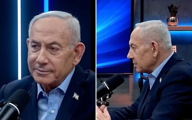 Prime Minister Benjamin Netanyahu discusses an Israeli airstrike in Syria, in a podcast interview, August 19, 2026. (Screenshot via X)