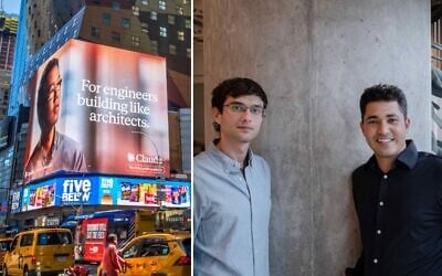 Left to right: A digital billboard for Anthropic's Claude AI seen at Times Square, New York City, June 20, 2026. (Brian Logan/iStock); Decart founders Dean Leitersdorf (left) and Moshe Shalev. (Amit Elkayam)