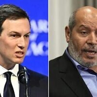 US envoy Jared Kushner (left) and Hamas chief Khalil al-Hayya (right) in a photo montage. (Fabrice COFFRINI / AFP; AP/Khalil Hamra)