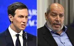 US envoy Jared Kushner (left) and Hamas chief Khalil al-Hayya (right) in a photo montage. (Fabrice COFFRINI / AFP; AP/Khalil Hamra)