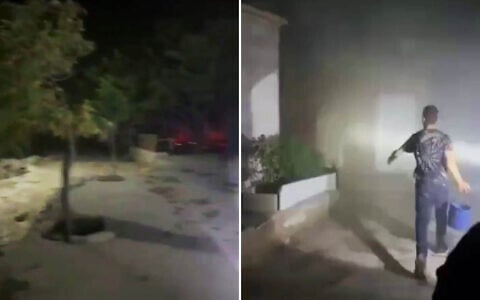 Residents in Khirbet a-Tuba in the West Bank's South Hebron Hills attempt to douse flames after extremist settlers allegedly set fire to several homes and attacked people, August 6, 2026 (Screenshots/Social media; used in accordance with Clause 27a of the Copyright Law)