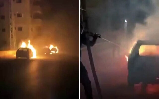 Several vehicles burn after settler extremists allegedly torched them in the area of the villages of Talfit and Jalud, south of Nablus in the northern West Bank, early on August 4, 2026. (Screenshot: X; used in accordance with Clause 27a of the Copyright Law)