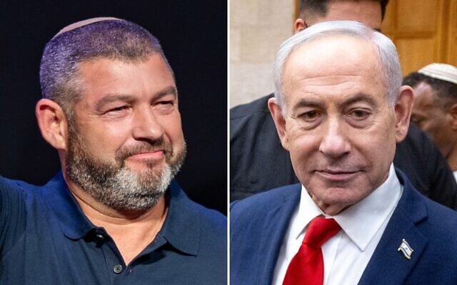 Ofer Winter (left) at the launch of his People of Israel party, in Jerusalem, August 25, 2026; Prime Minister Benjamin Netanyahu arrives to vote at the Likud primary in Jerusalem on August 17, 2026. (Chaim Goldberg/Flash90)