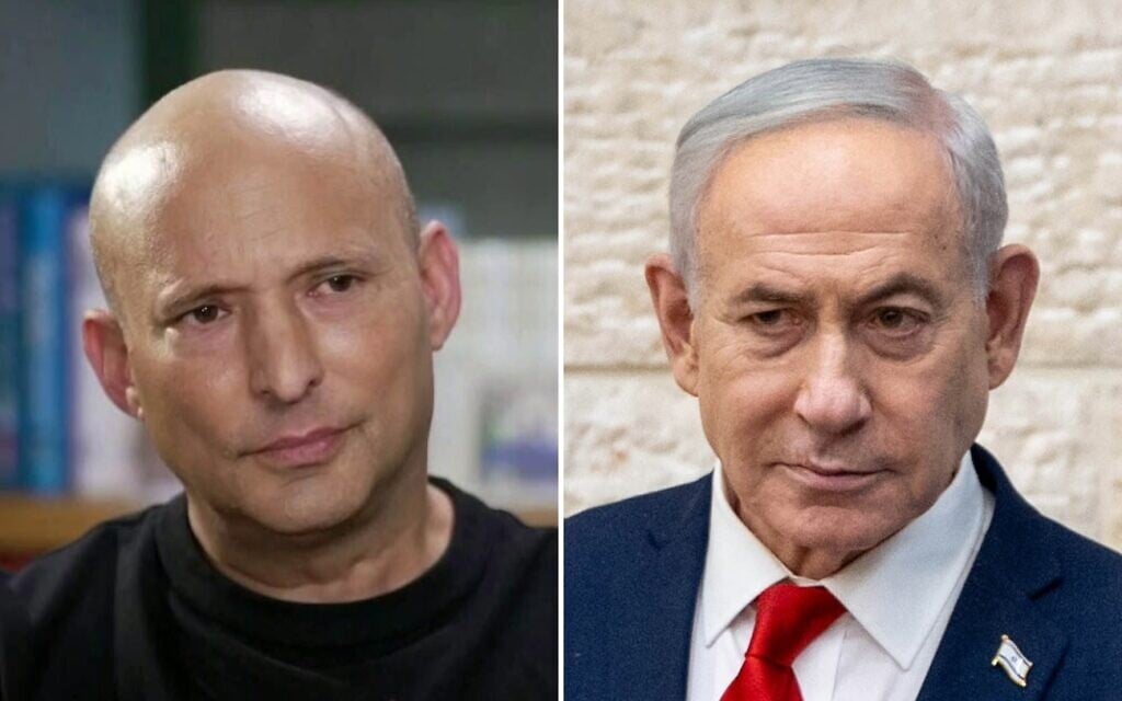 Former prime minister and B'Yachad party chief Naftali Bennett (left) speaks in an interview with Channel 12 broadcast on August 22, 2026. (Screenshot/Channel 12); Prime Minister Benjamin Netanyahu votes in Jerusalem in the Likud primary, August 17, 2026. (Chaim Goldberg/Flash90)