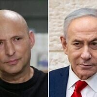 Former prime minister and B'Yachad party chief Naftali Bennett (left) speaks in an interview with Channel 12 broadcast on August 22, 2026. (Screenshot/Channel 12); Prime Minister Benjamin Netanyahu votes in Jerusalem in the Likud primary, August 17, 2026. (Chaim Goldberg/Flash90)