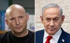 Former prime minister and B'Yachad party chief Naftali Bennett (left) speaks in an interview with Channel 12 broadcast on August 22, 2026. (Screenshot/Channel 12); Prime Minister Benjamin Netanyahu votes in Jerusalem in the Likud primary, August 17, 2026. (Chaim Goldberg/Flash90)