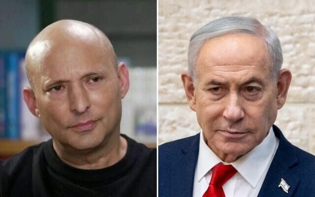 Former prime minister and B'Yachad party chief Naftali Bennett (left) speaks in an interview with Channel 12 broadcast on August 22, 2026. (Screenshot/Channel 12); Prime Minister Benjamin Netanyahu votes in Jerusalem in the Likud primary, August 17, 2026. (Chaim Goldberg/Flash90)