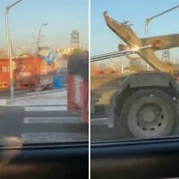 Dumpsters are placed on a road at the entrance to a neighborhood that has a significant secular population, in the ultra-Orthodox city of Bnei Brak, ahead of Shabbat on August 29, 2026. (Screenshots: X/Tuvya Yagelnik)