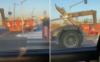 Dumpsters are placed on a road at the entrance to a neighborhood that has a significant secular population, in the ultra-Orthodox city of Bnei Brak, ahead of Shabbat on August 29, 2026. (Screenshots: X/Tuvya Yagelnik)