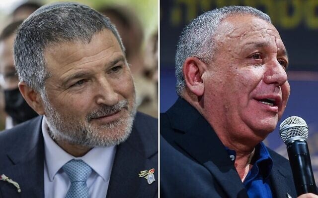 Shin Bet chief David Zini (left) at the Mount Herzl Military Cemetery in Jerusalem, April 21, 2026, (L) and Yashar party leader Gadi Eisenkot at a conference at the Reichman University in Herzliya, July 1, 2026. (Chaim Goldberg/Flash90, Avshalom Sassoni/Flash90)