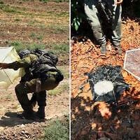 Soldiers seen inspecting a kite, flown from the Gaza Strip, in Kibbutz Nahal Oz, August 22, 2026. (Social media, used in accordance with Clause 27a of the Copyright Law)