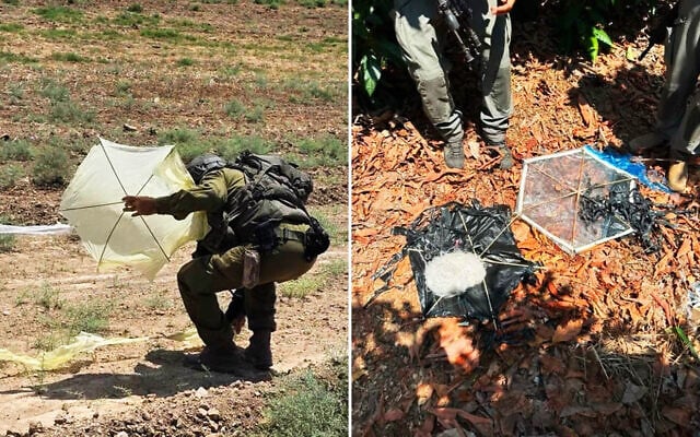 Soldiers seen inspecting a kite, apparently flown from the Gaza Strip, that has landed in Kibbutz Nahal Oz, August 22, 2026. (Social media, used in accordance with Clause 27a of the Copyright Law)