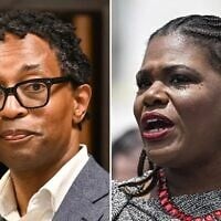 US Rep. Wesley Bell (L) and Cori Bush, who are both vying to represent the Democratic Party in Missouri’s 1st Congressional District during the 2026 midterm elections. (L: Michael B. Thomas for The Washington Post via Getty Images/R: Celal Gunes/Anadolu via Getty Images/JTA)