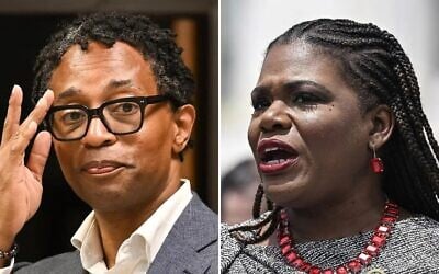 US Rep. Wesley Bell (L) and Cori Bush, who are both vying to represent the Democratic Party in Missouri’s 1st Congressional District during the 2026 midterm elections. (L: Michael B. Thomas for The Washington Post via Getty Images/R: Celal Gunes/Anadolu via Getty Images/JTA)