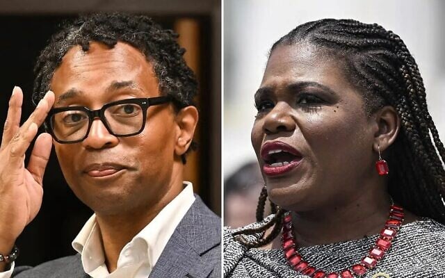 US Rep. Wesley Bell (L) and Cori Bush, who are both vying to represent the Democratic Party in Missouri’s 1st Congressional District during the 2026 midterm elections. (L: Michael B. Thomas for The Washington Post via Getty Images/R: Celal Gunes/Anadolu via Getty Images/JTA)