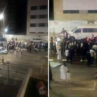 Screenshots of video showing a group of Haredim surrounding a police cruiser on a street that was blocked off to prevent motorists from driving there over Shabbat, August 28, 2026, in Bnei Brak. (Social media, used in accordance with Clause 27a of the Copyright Law)