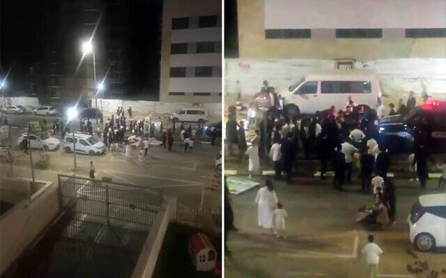 Screenshots of video showing a group of Haredim surrounding a police cruiser on a street that was blocked off to prevent motorists from driving there over Shabbat, August 28, 2026, in Bnei Brak. (Social media, used in accordance with Clause 27a of the Copyright Law)