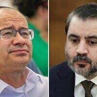 Mossad chief Roman Gofman (left) and Syrian Foreign Minister Asaad al-Shaibani in a photo montage. (Chaim Goldberg/Flash90; Russian Foreign Ministry Press Service via AP)