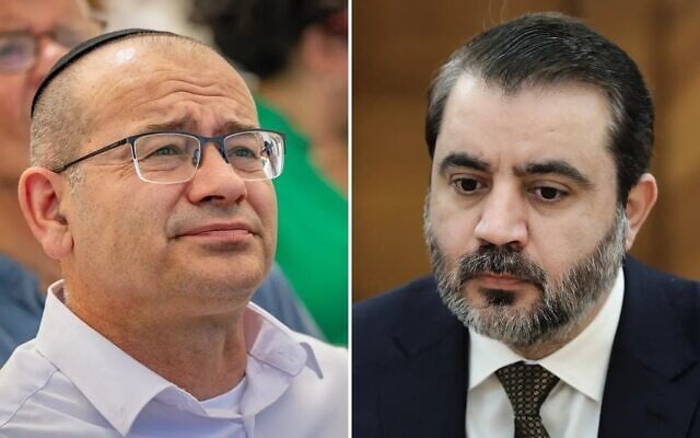 Mossad chief Roman Gofman (left) and Syrian Foreign Minister Asaad al-Shaibani in a photo montage. (Chaim Goldberg/Flash90; Russian Foreign Ministry Press Service via AP)