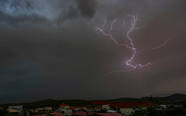 Lightning illuminates the sky over the Upper Galilee, during a rain storm on April 27, 2026. (Ayal Margolin/Flash90)