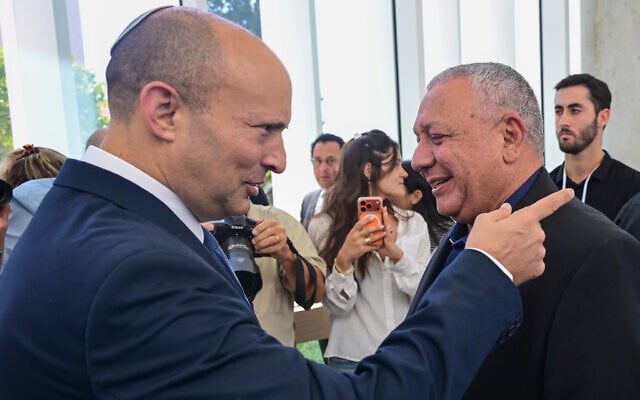 Yashar party leader Gadi Eisenkot, right, and B'Yachad party chief Naftali Bennett meet at the Herzliya Conference at the Reichman University in Herzliya, July 1, 2026. (Avshalom Sassoni/Flash90) Yashar party leader Gadi Eisenkot, right, and B'Yachad party chief Naftali Bennett meet at the Herzliya Conference at the Reichman University in Herzliya, July 1, 2026. (Avshalom Sassoni/Flash90)