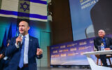 Former prime minister Naftali Bennett speaks as former IDF chief Gadi Eisenkot looks on during a conference at the Reichman University in Herzliya, July 1, 2026. (Avshalom Sassoni/Flash90)