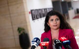 Deputy Foreign Minister Sharren Haskel speaks to the media as she announces her resignation as deputy foreign minister at the Knesset in Jerusalem, July 14, 2026. (Chaim Goldberg/Flash90)