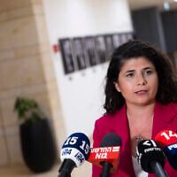 Deputy Foreign Minister Sharren Haskel speaks to the media as she announces her resignation as deputy foreign minister at the Knesset in Jerusalem, July 14, 2026. (Chaim Goldberg/Flash90)