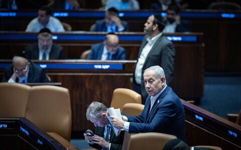 Prime Minister Benjamin Netanyahu attends a vote at the plenum hall of the Knesset in Jerusalem, on July 16, 2026. (Yonatan Sindel/Flash90)