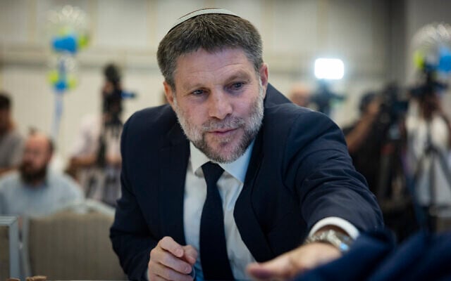 Minister of Finance and Head of the Religious Zionist Party Bezalel Smotrich attends the Religious Zionism party primaries ahead of the upcoming Israeli general elections, in Jerusalem, July 26, 2026. (Yonatan Sindel/Flash90)