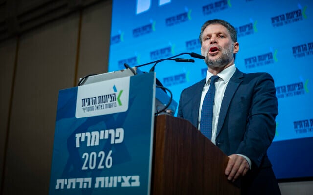 Finance Minister and head of the Religious Zionist party Bezalel Smotrich attends the Religious Zionism party primary ahead of the upcoming general election, in Jerusalem, July 26, 2026. (Yonatan Sindel/Flash90)