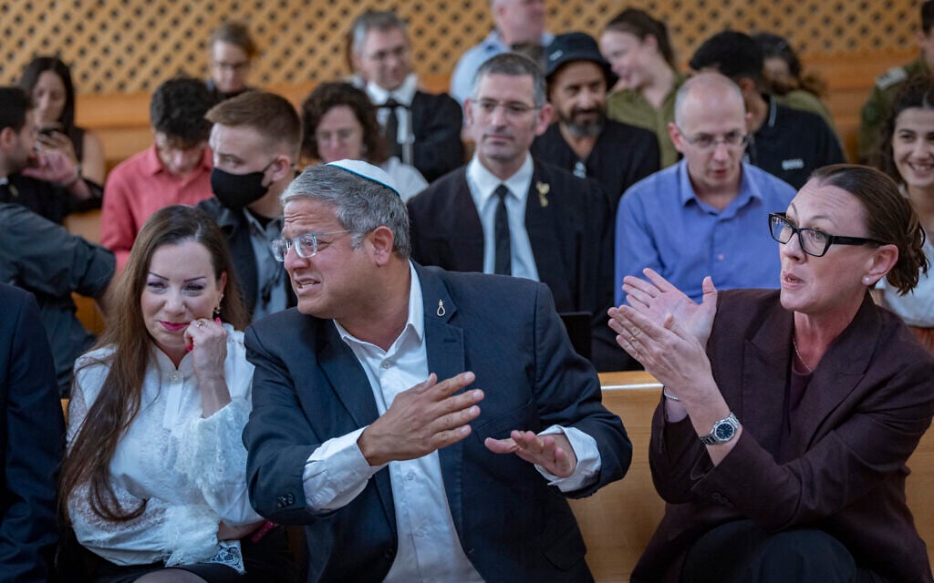 National Security Minister Itamar Ben Gvir (center) and Knesset members Tally Gotliv (left) and Yulia Malinovsky (right) attend a High Court of Justice hearing on a petition challenging laws barring UNRWA activities in Israel, at the Supreme Court in Jerusalem, August 3, 2026. (Chaim Goldberg/Flash90)