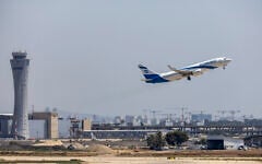 An El Al plane takes off at Ben Gurion Airport, outside Tel Aviv, August 4, 2026. (Yossi Aloni/Flash90)