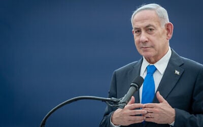 Prime Minister Benjamin Netanyahu speaks at a state ceremony reburying Shimon and Rivka Herzl, the grandparents of Theodor Herzl, on Mount Herzl, in Jerusalem, August 5, 2026. (Chaim Goldberg/FLASH90) Prime Minister Benjamin Netanyahu speaks at a state ceremony reburying Shimon and Rivka Herzl, the grandparents of Theodor Herzl, on Mount Herzl, in Jerusalem, August 5, 2026. (Chaim Goldberg/FLASH90)