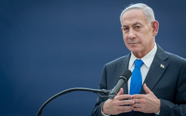 Prime Minister Benjamin Netanyahu speaks at a state ceremony reburying Shimon and Rivka Herzl, the grandparents of Theodor Herzl, on Mount Herzl, in Jerusalem, August 5, 2026. (Chaim Goldberg/FLASH90)