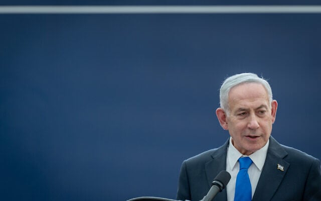 Prime Minister Benjamin Netanyahu attends a state ceremony reburying Shimon and Rivka Herzl, the grandparents of Theodor Herzl, founder of modern political Zionism, alongside their grandson on Mount Herzl, in Jerusalem, August 5, 2026. (Chaim Goldberg/FLASH90)