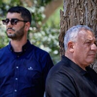 Yashar party chairman Gadi Eisenkot visits Kibbutz Nir Oz, near the Gaza border, as part of his election campaign, August 5, 2026. (Tsafrir Abayov/Flash90)