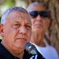 Yashar party chairman Gadi Eisenkot visits Kibbutz Nir Oz, near the Gaza border, as part of his election campaign, August 5, 2026. (Tsafrir Abayov/Flash90)